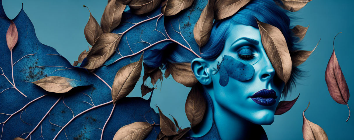 Blue-skinned woman surrounded by dark blue lips and brown leaves on blue background