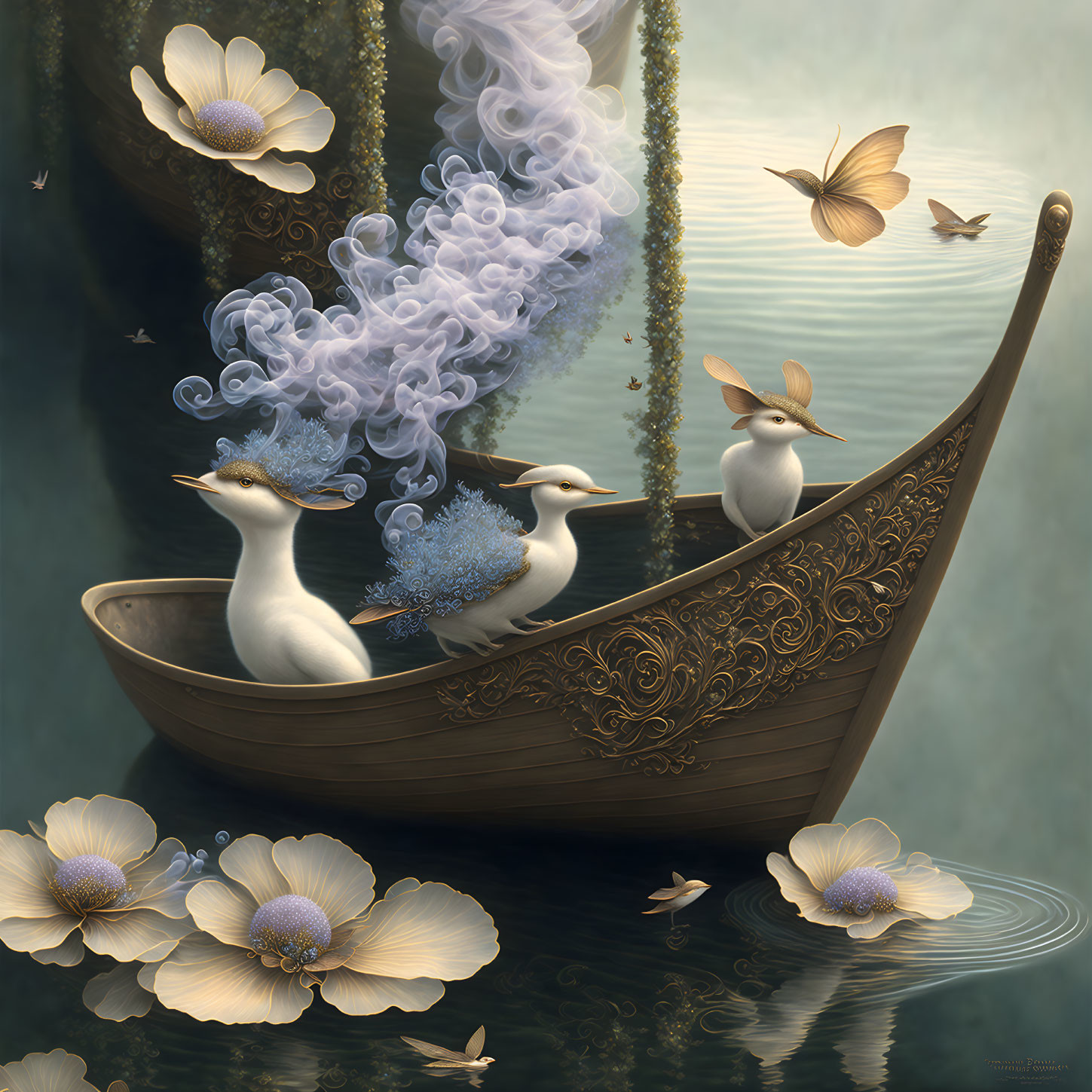 Decorative wooden boat with three ducks, flowers, smoke, water lilies, and butterfly.