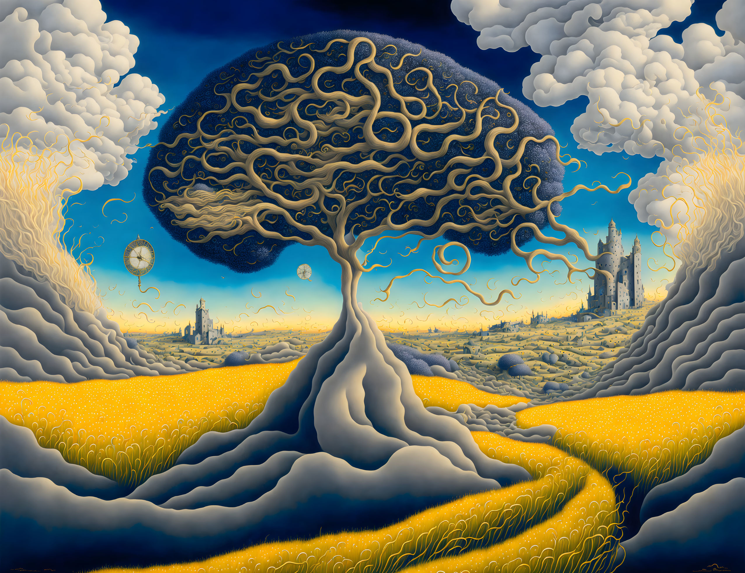 Surreal landscape with brain-shaped tree, river, wheat fields, blue sky