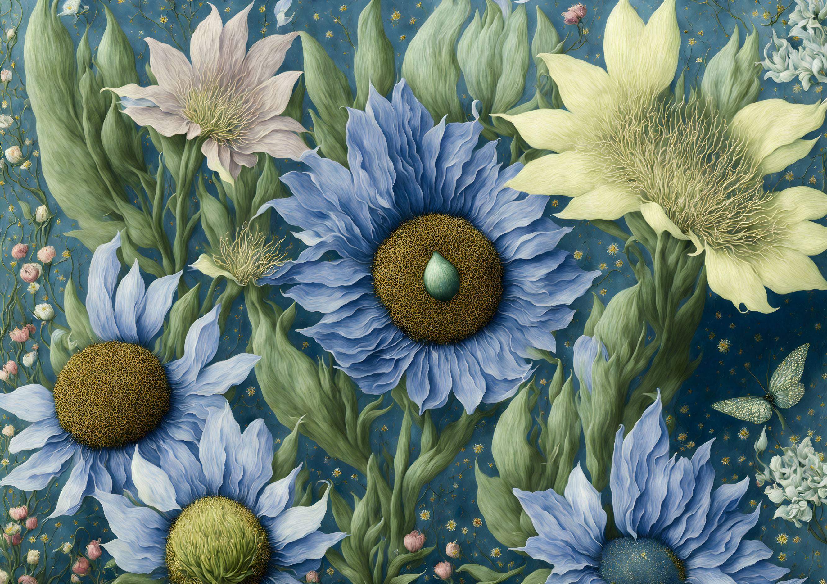 Colorful Flower Illustration with Large Blue Sunflower on Patterned Blue Background