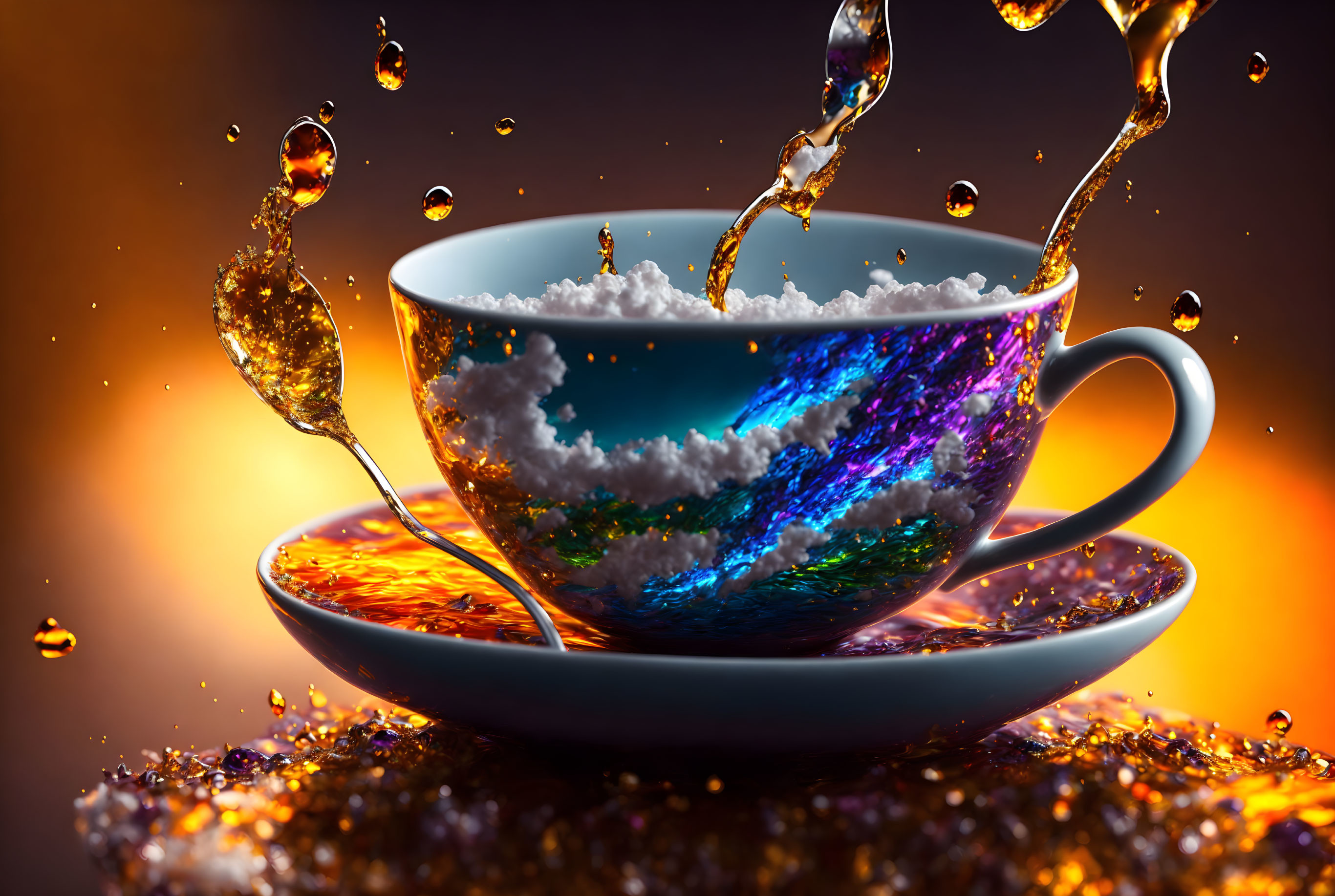 Cup on Saucer with Vibrant Cosmic Liquid and Splashes on Warm Glittering Backdrop