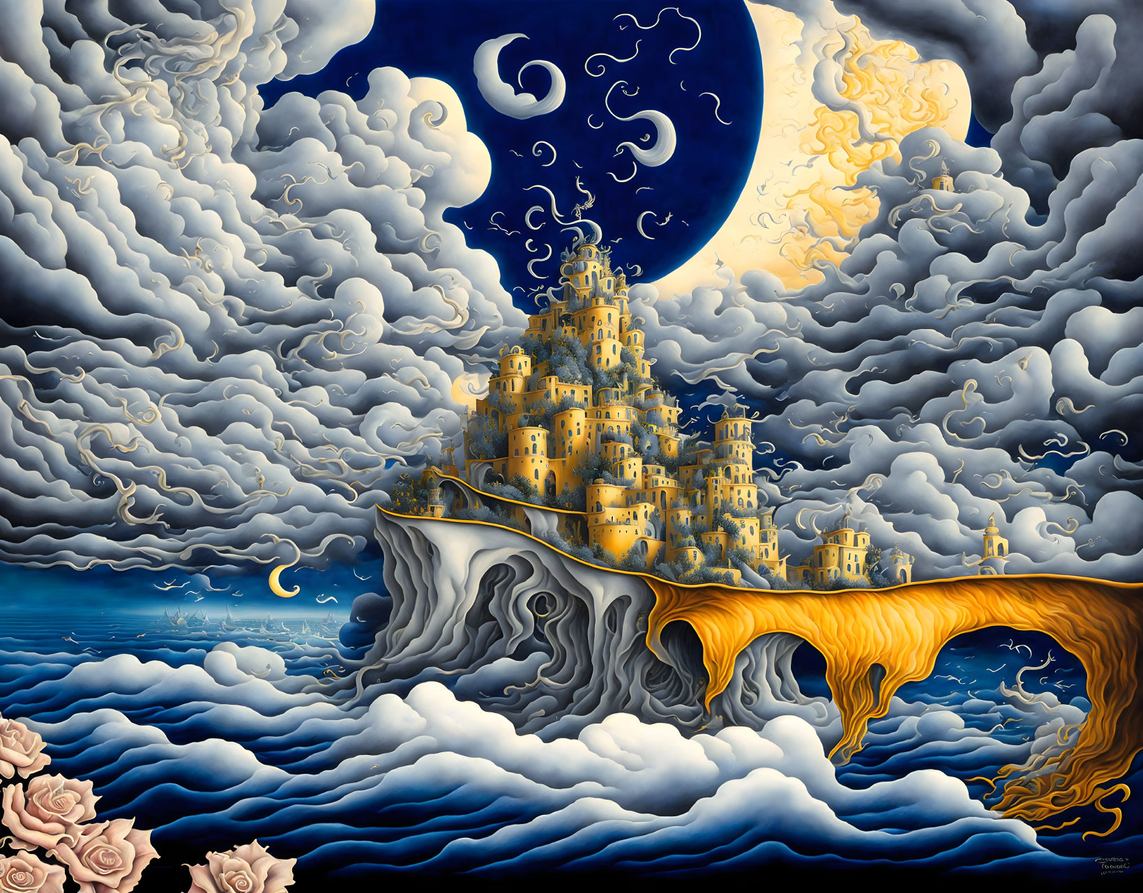 Surrealist painting: castle on cliff, swirling clouds, crescent moon, stylized waves,