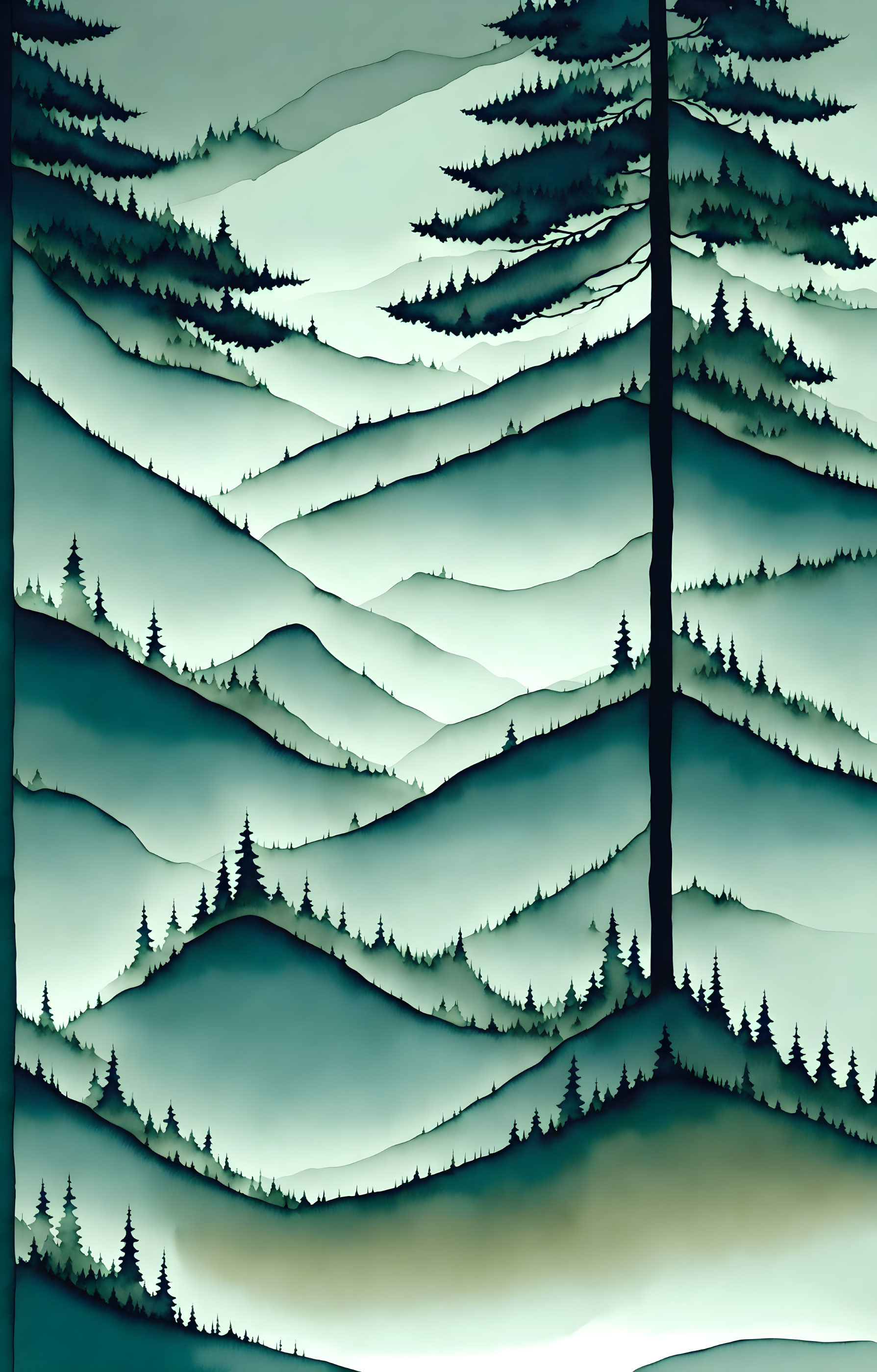 Layered Mountain Landscape with Silhouette of Evergreen Trees