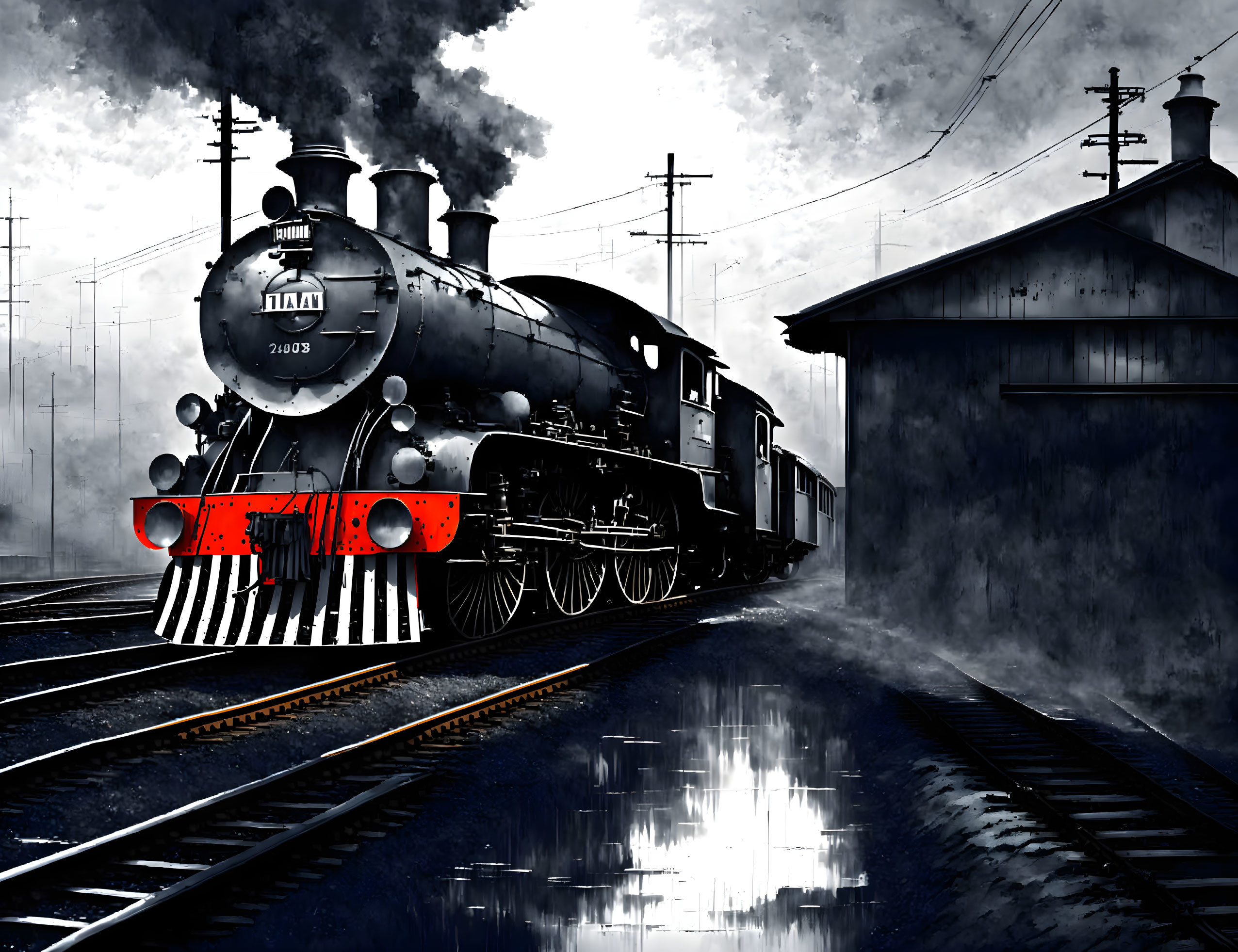 Monochromatic steam locomotive with red wheel highlights on tracks