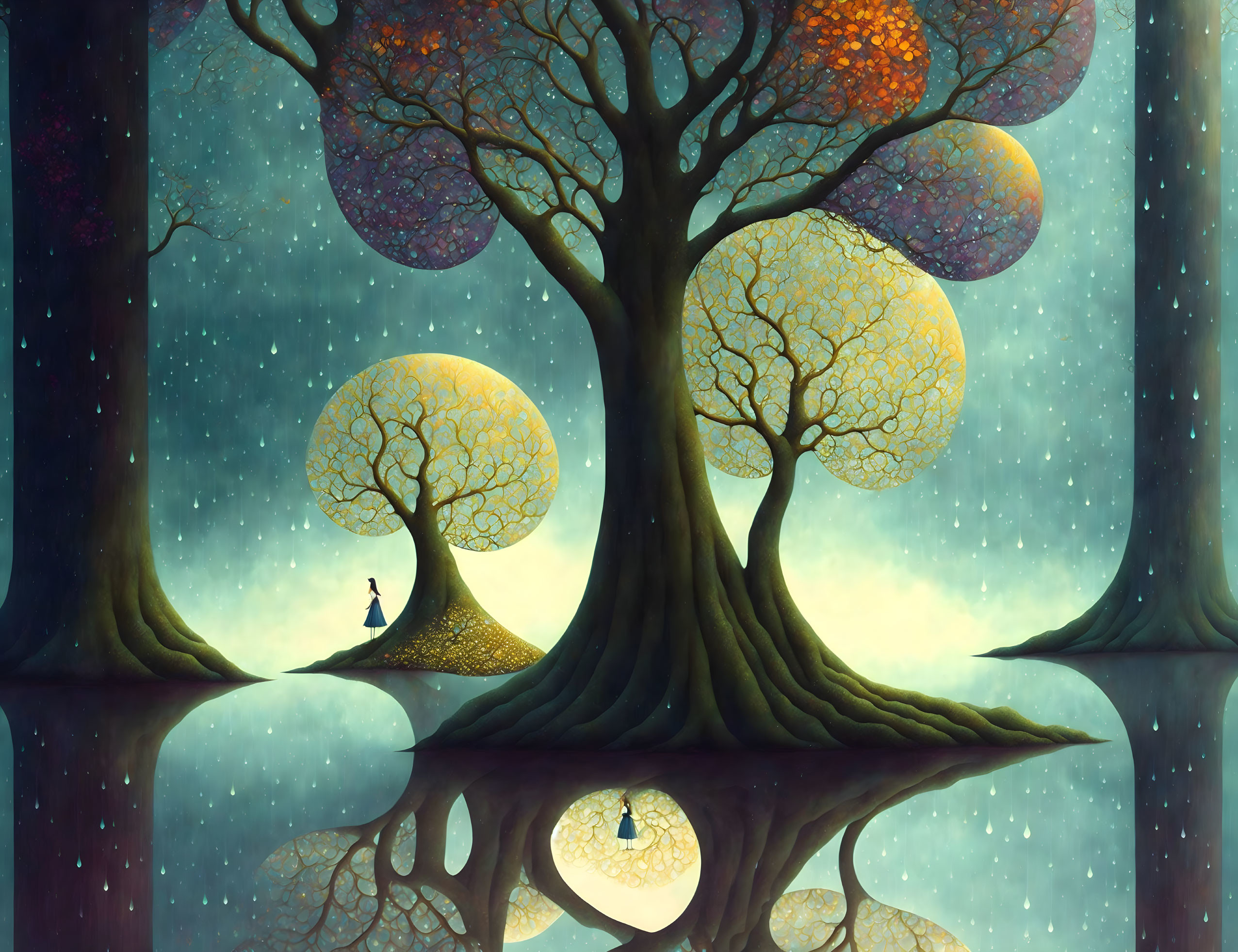 Surreal landscape with oversized luminous trees and tiny figure beneath starry sky