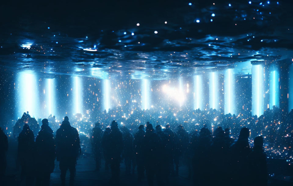 Silhouettes under blue-lit space with light beams and particles