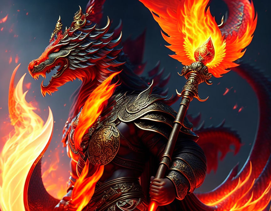 Dragon-headed warrior in ornate armor with flaming staff and fiery dragon in background