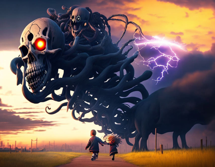 Child with fiery crown confronts ominous skull under stormy sky