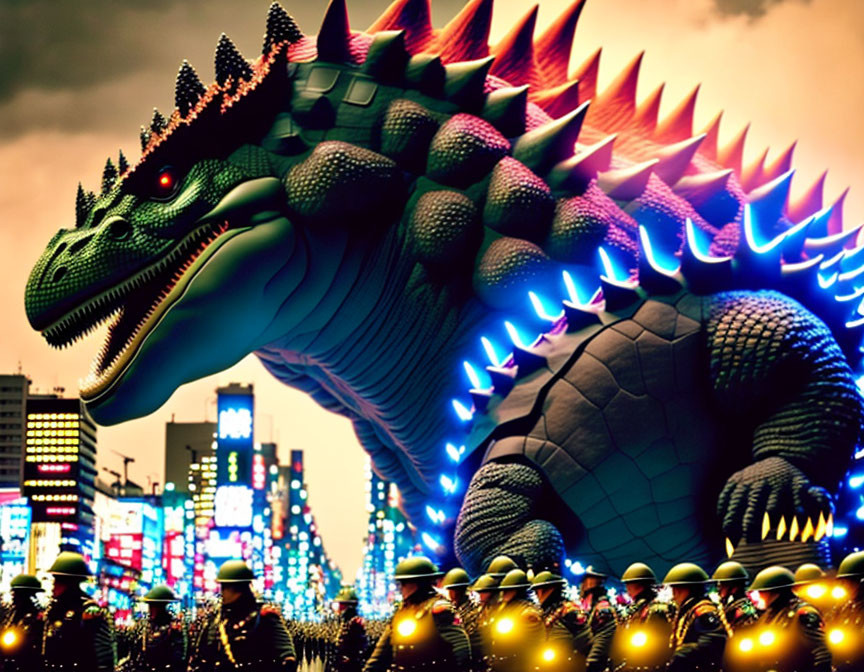 Enormous glowing Godzilla in neon-lit cityscape at dusk