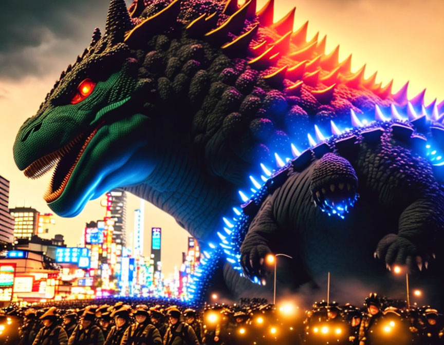 Giant Godzilla dominates neon city with army below