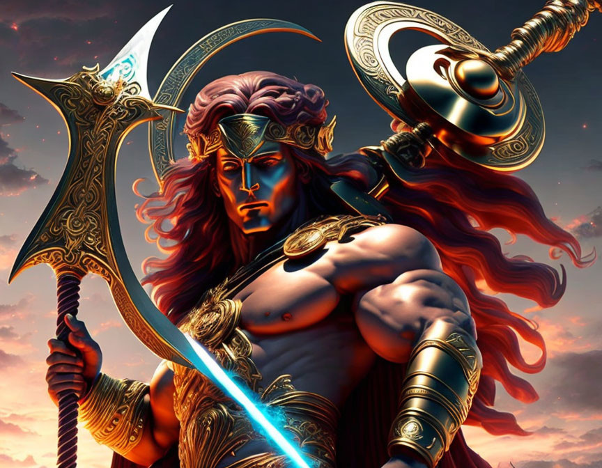 Fantasy warrior with red hair, blue sword, and ornate shield in dramatic setting