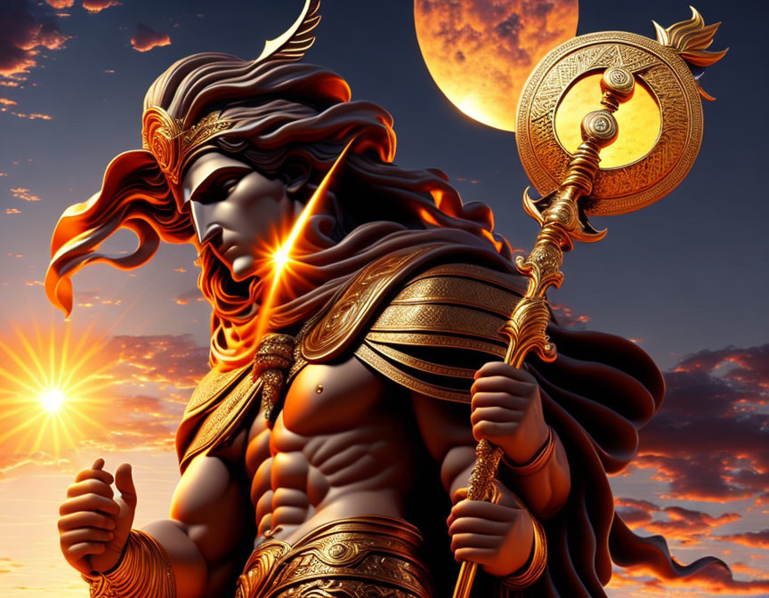 Muscular warrior with weapon and shield under dramatic sky