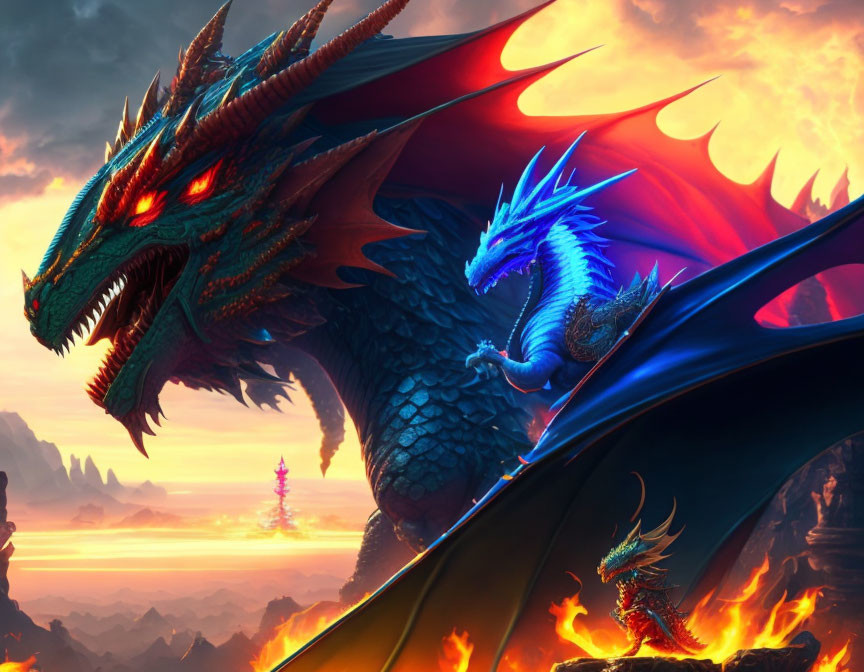 Vivid Red and Blue Dragons in Dramatic Sunset Sky