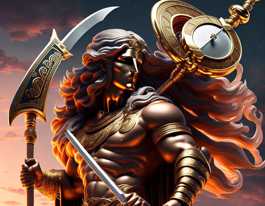 Muscular animated warrior with spear and shield against dramatic sky.