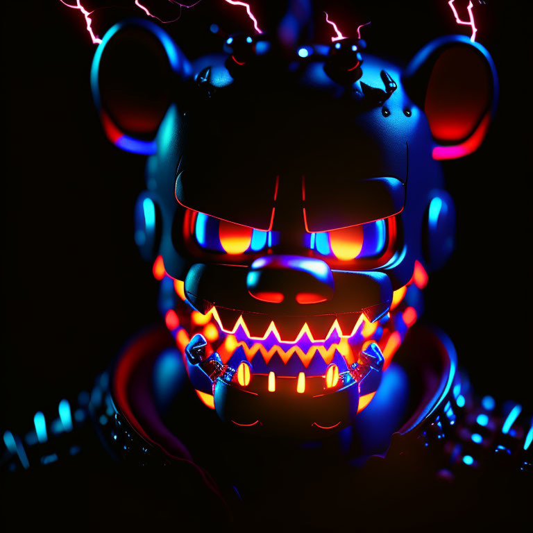 Neon-lit bear figurine with glowing red eyes in dark ambiance