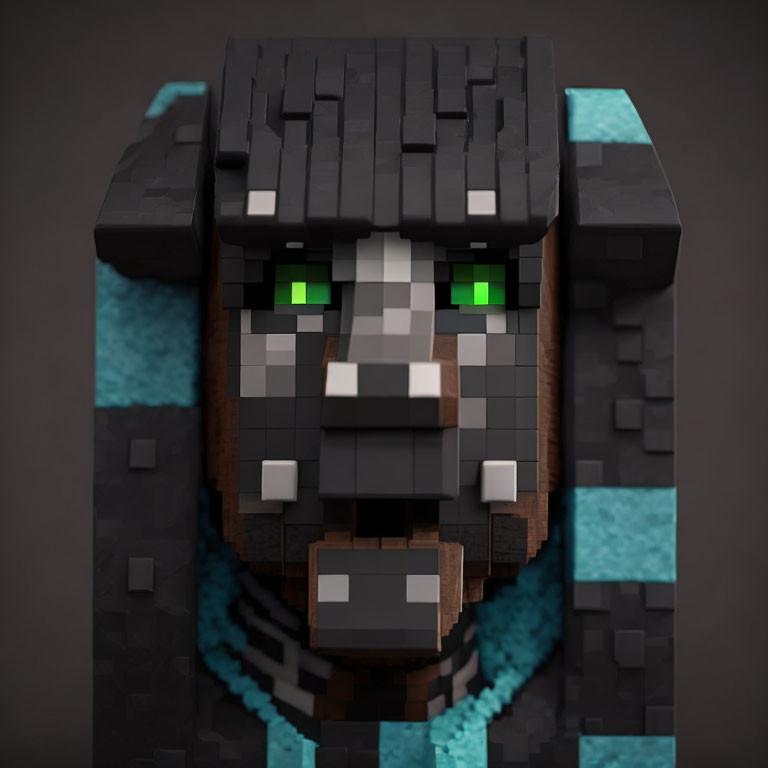 Pixelated Wolf's Head with Green Eyes in Minecraft Style