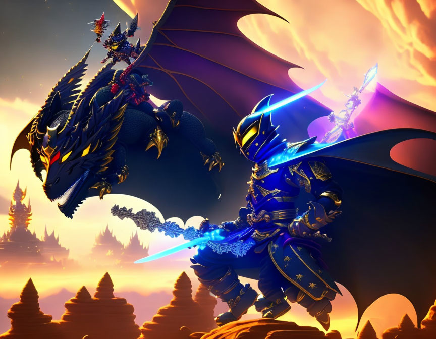 Armored warriors on dragons duel with glowing swords at dusk