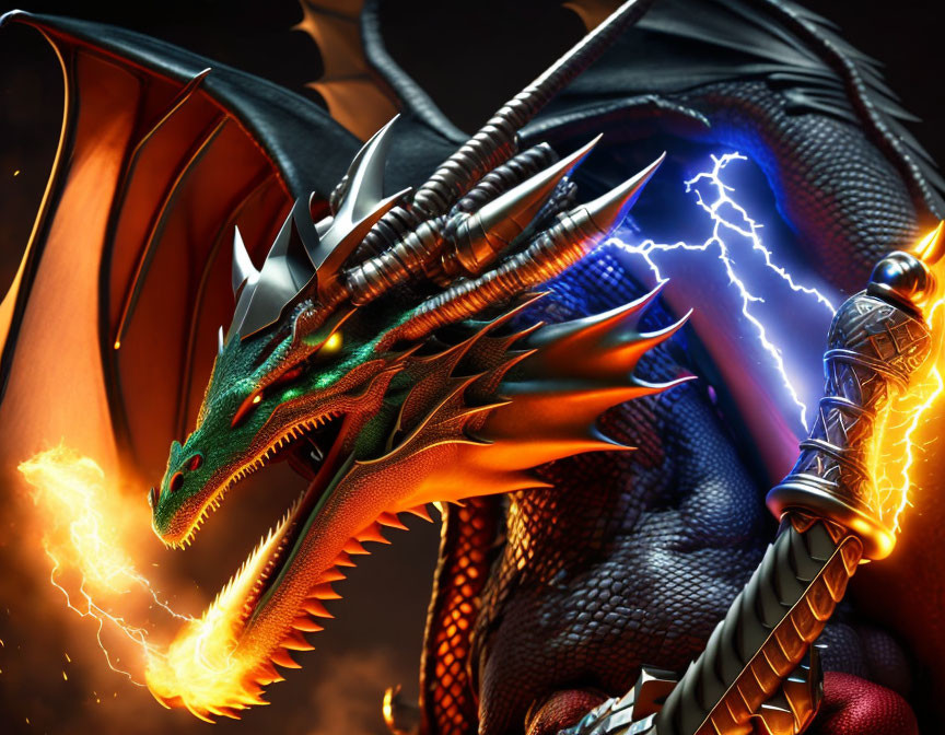 Dragon breathing fire with sword in lightning-filled fantasy scene