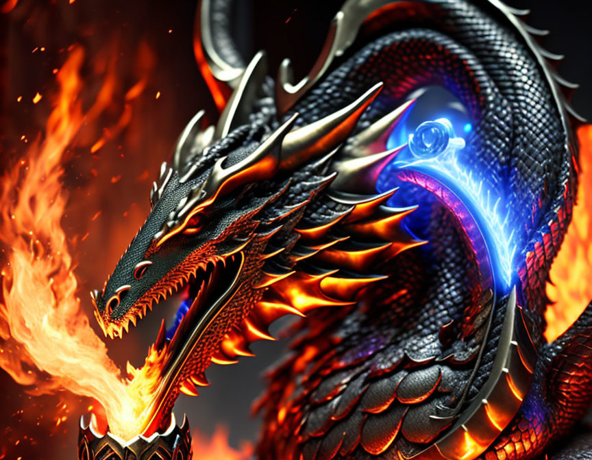 Fiery dragon breathing fire with blue-glowing horn on dark background