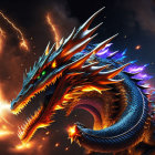 Dragon breathing fire with sword in lightning-filled fantasy scene