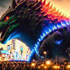 Enormous glowing Godzilla in neon-lit cityscape at dusk