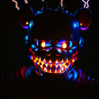 Neon-lit bear figurine with glowing red eyes in dark ambiance