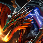 Fiery dragon breathing fire with blue-glowing horn on dark background