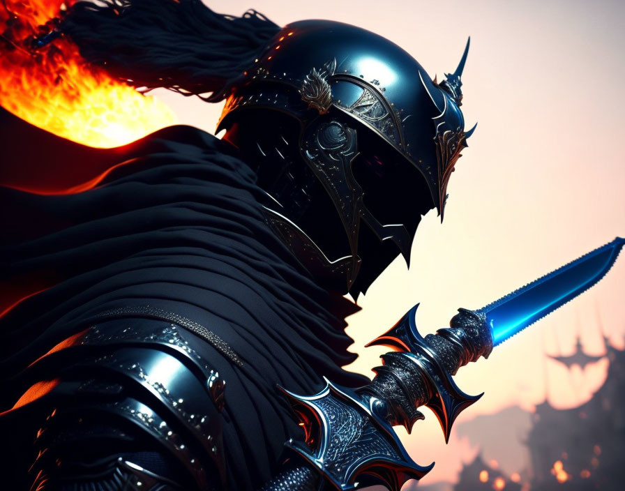 Dark-armored knight with glowing blue sword and fiery wings in dusky, hellish setting