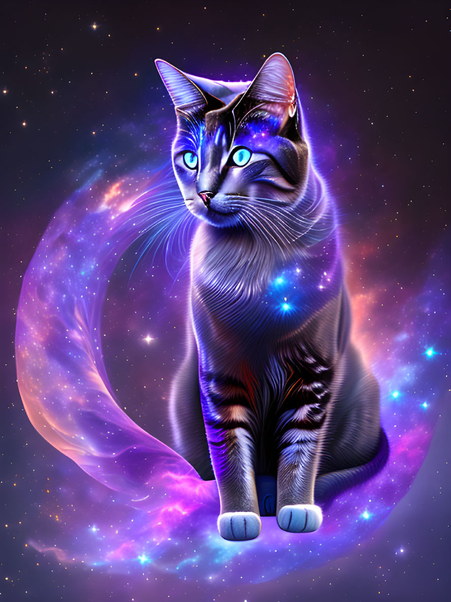 Cosmic-themed cat illustration with galaxy pattern and glowing blue eyes