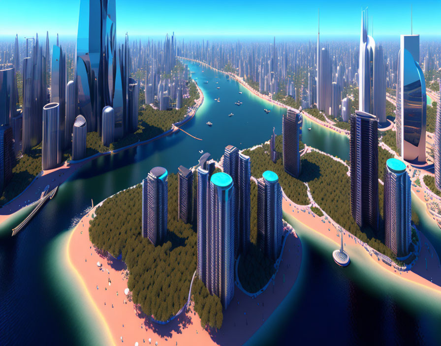 Futuristic cityscape with skyscrapers, river, parks, and boats in clear sky