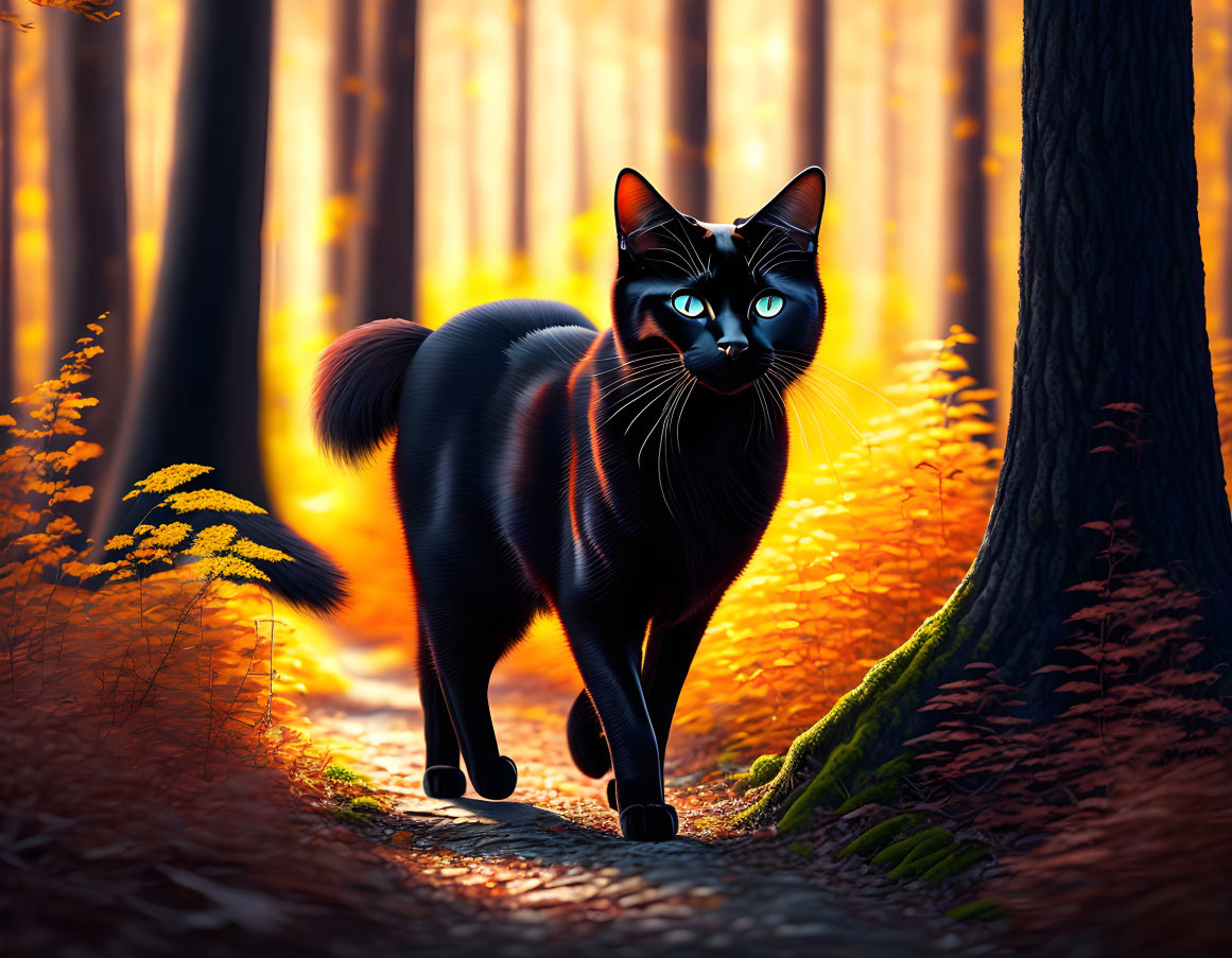 Sleek Black Cat with Striking Blue Eyes in Sunlit Forest