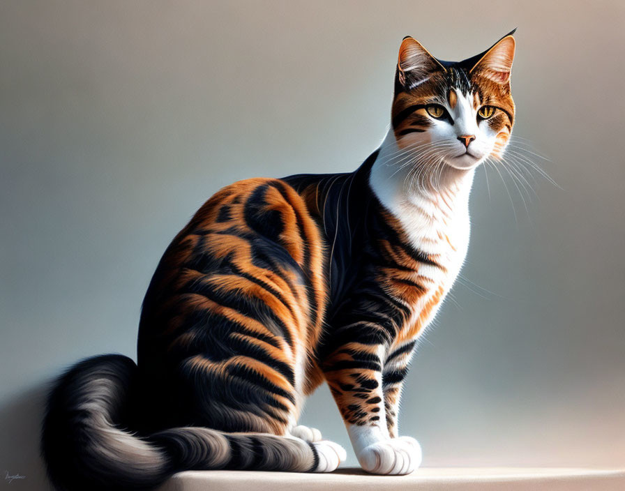 Realistic digital painting of a tabby cat with black and orange stripes