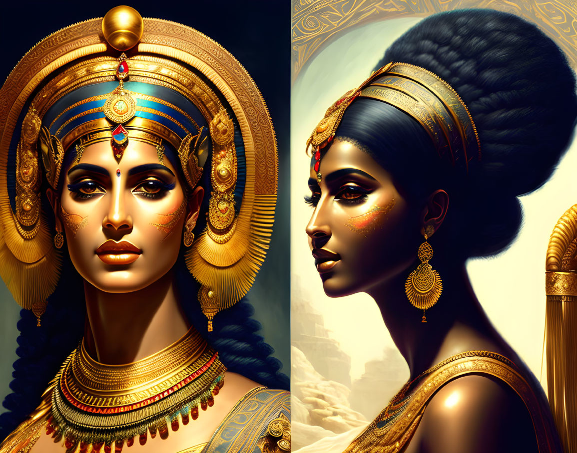 Ancient Egyptian royalty themed portraits with elaborate headdresses and jewelry