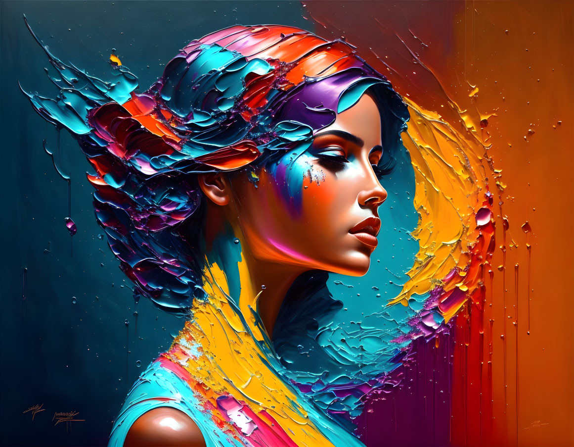 Colorful digital painting: Woman with flowing hair in abstract background