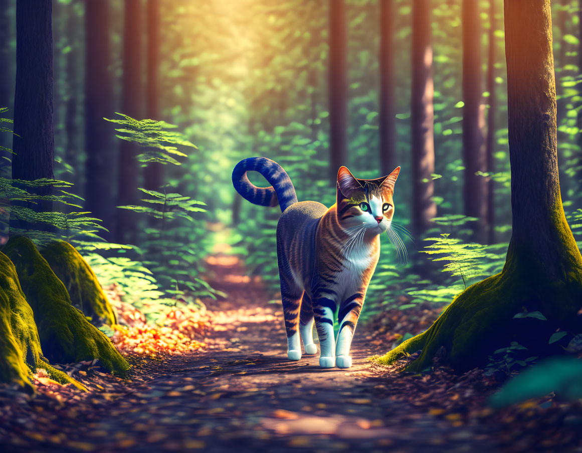 Striped Cat on Forest Path Among Sunlit Trees