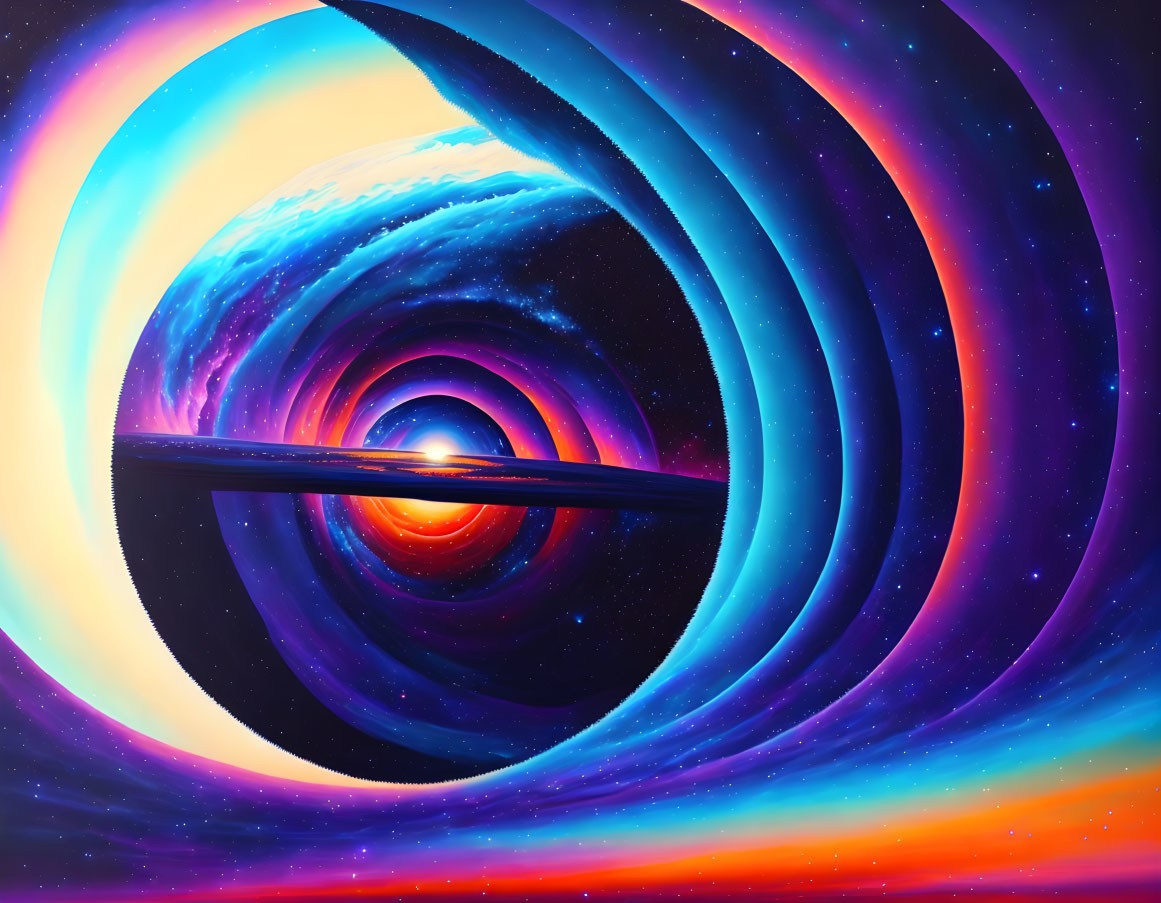 Colorful Digital Artwork: Cosmic Scene with Black Hole