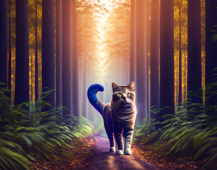 Tabby Cat in Forest Path Surrounded by Tall Trees