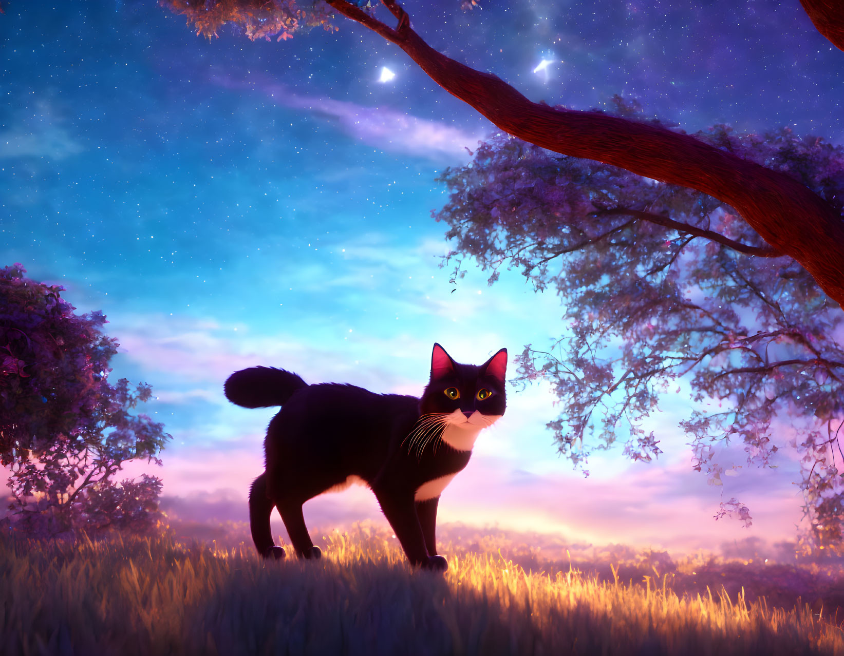 Black Cat with Striking Eyes in Vibrant Field at Twilight