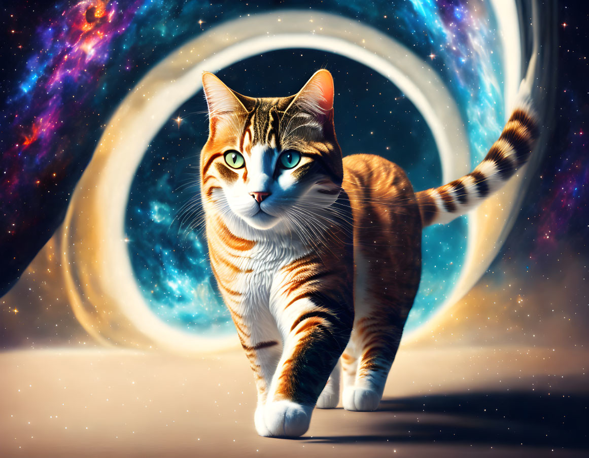 Tabby cat with blue eyes in cosmic backdrop