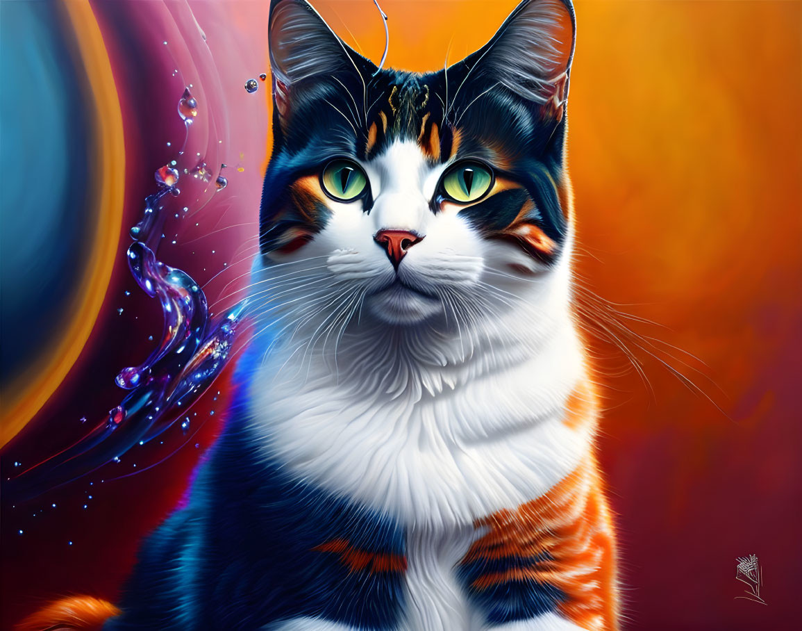 Colorful Digital Artwork: Cat with Green Eyes in Swirling Background