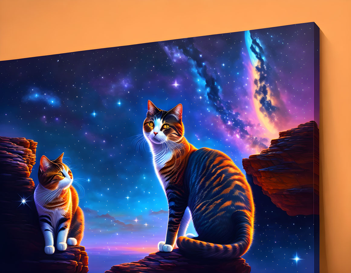 Whimsical cats on rocky outcrops under cosmic sky