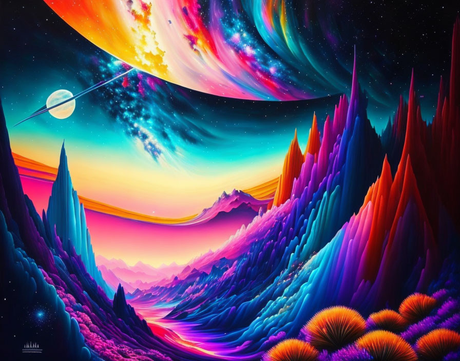 Colorful digital artwork: Fantastical cosmic landscape with vivid mountains, river, and galaxy.