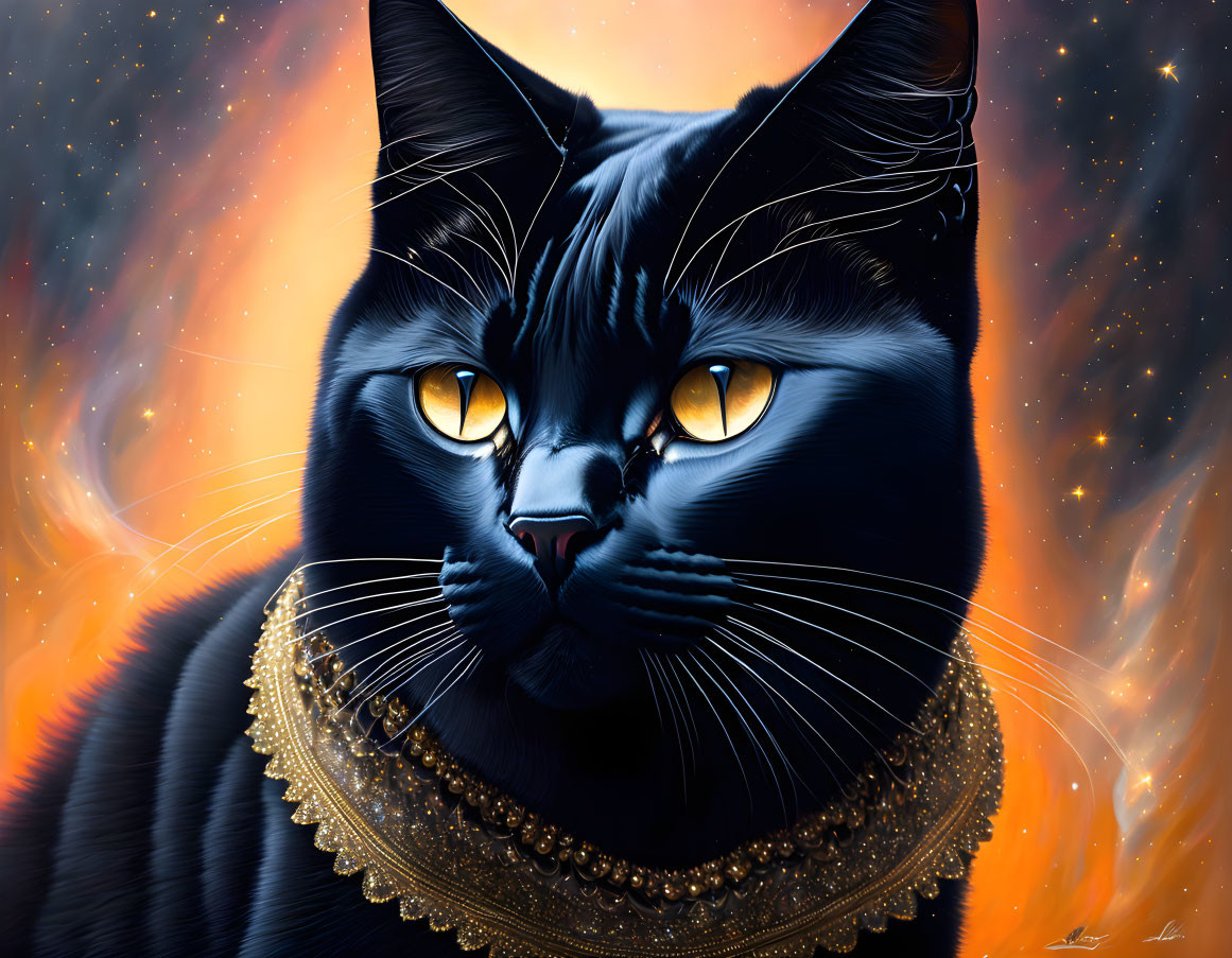 Digital Art: Majestic Black Cat with Yellow Eyes and Golden Necklace on Cosmic Background