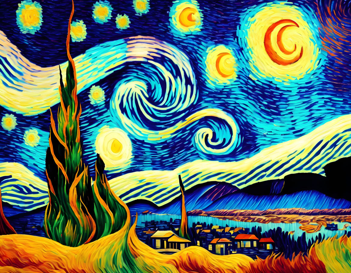 Starry night sky painting with small town and cypress tree