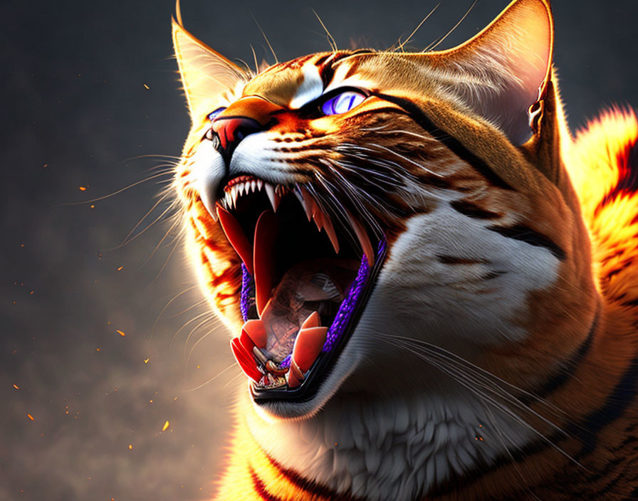 Vivid Roaring Tiger Artwork with Glowing Blue Eyes