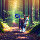 Striped Cat on Forest Path Among Sunlit Trees