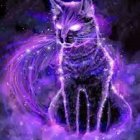 Cosmic-themed cat illustration with galaxy pattern and glowing blue eyes