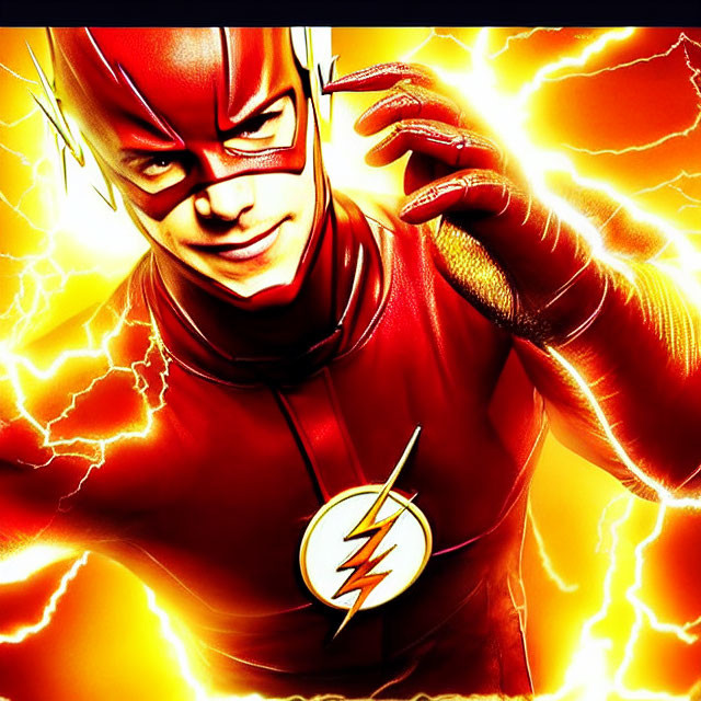 Dynamic pose of superhero in red costume with lightning bolts against vibrant backdrop.