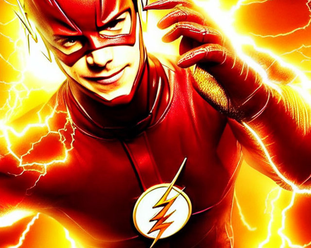 Dynamic pose of superhero in red costume with lightning bolts against vibrant backdrop.