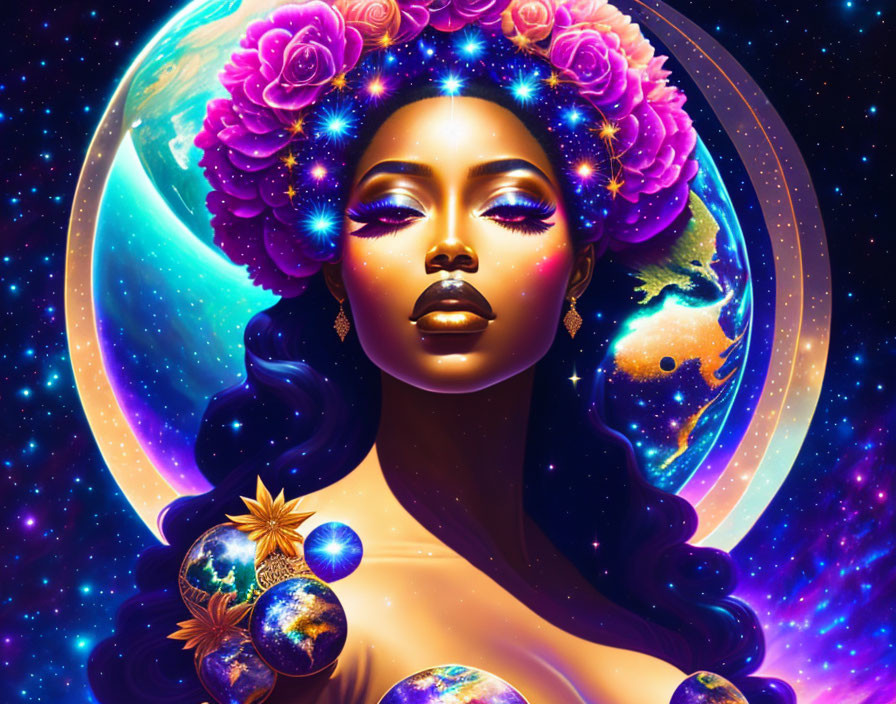 Woman with Floral and Celestial Motif on Galaxy Background